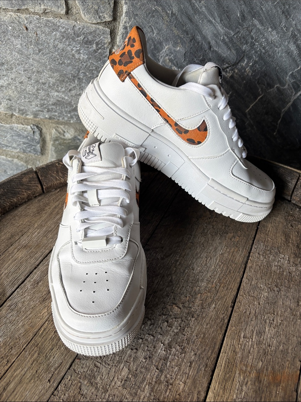 Nike White Air Force 1 Low with Brown "Pixel Leopard" Swoosh Ladies Size 8.5